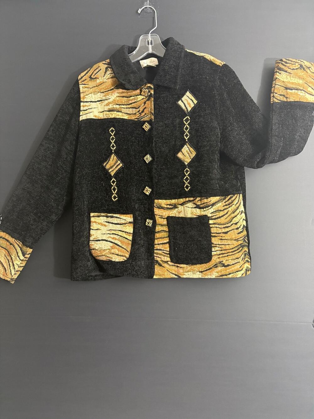 Studio Works Petite PL Vintage Tiger Print Tapestry Chenille Jacket Black Gold